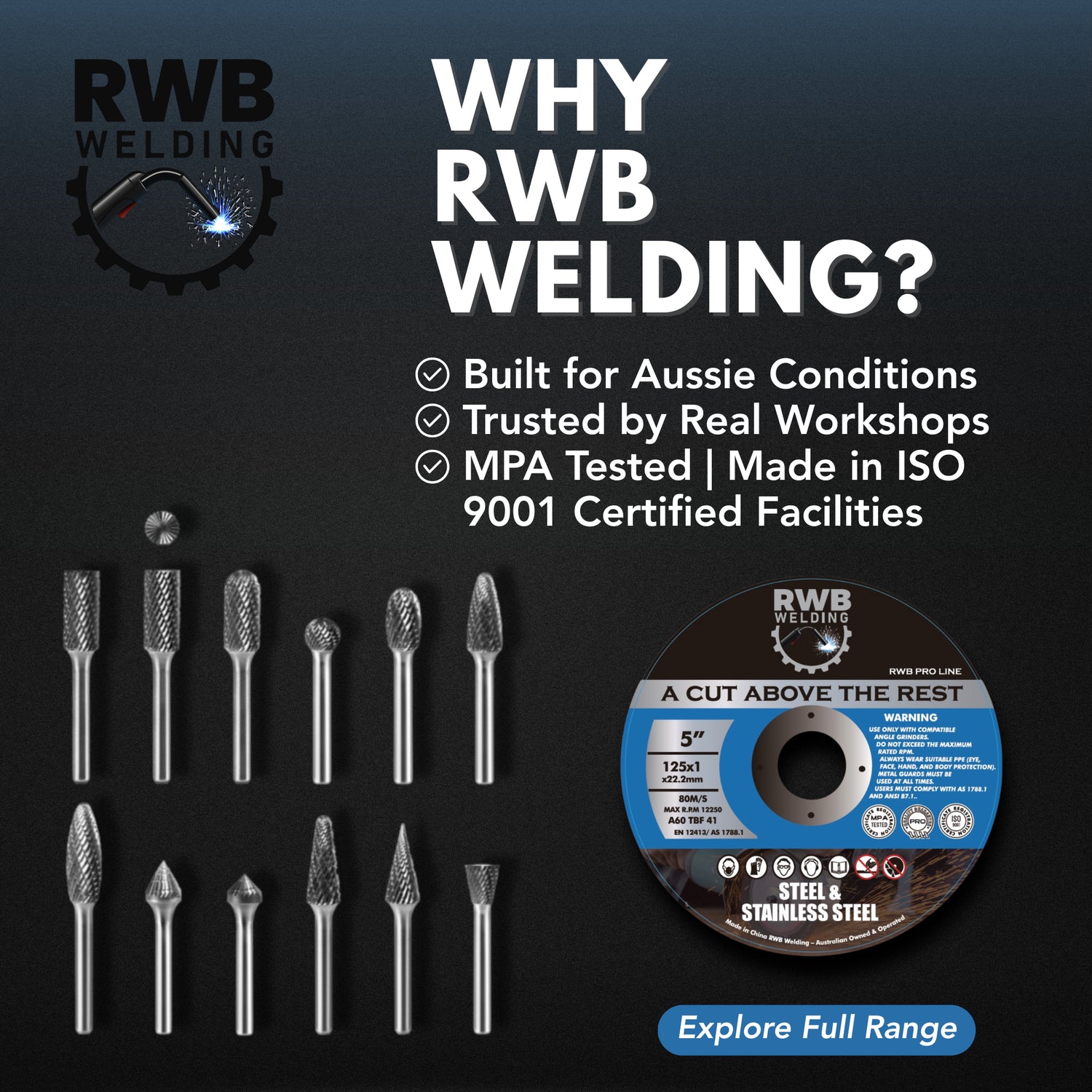 Abrasive cutting discs by RWB Welding – designed for Aussie worksites, steel and stainless applications.
