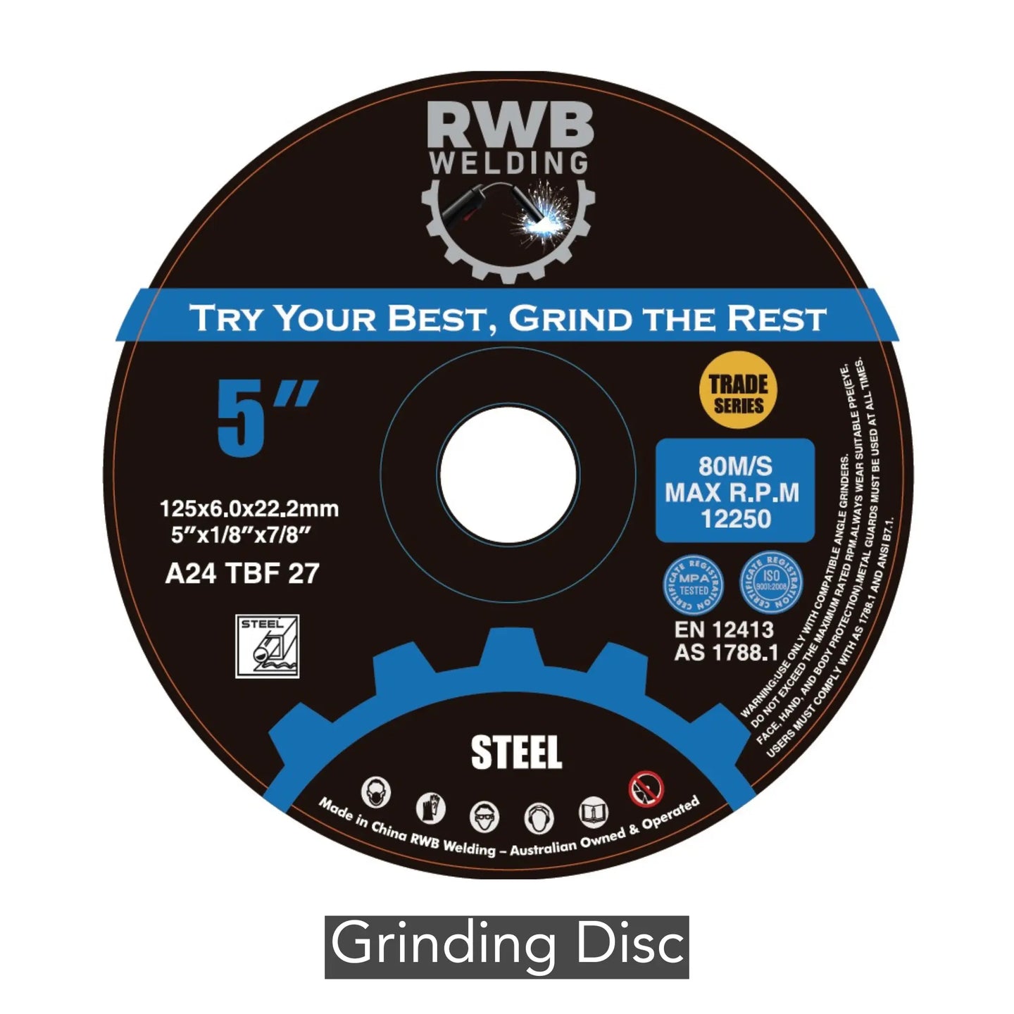 RWB 125mm Trade Series Grinding Disc – 6mm thick for steel, weld cleanup, and bevel grinding. EN12413 and ISO 9001 certified.