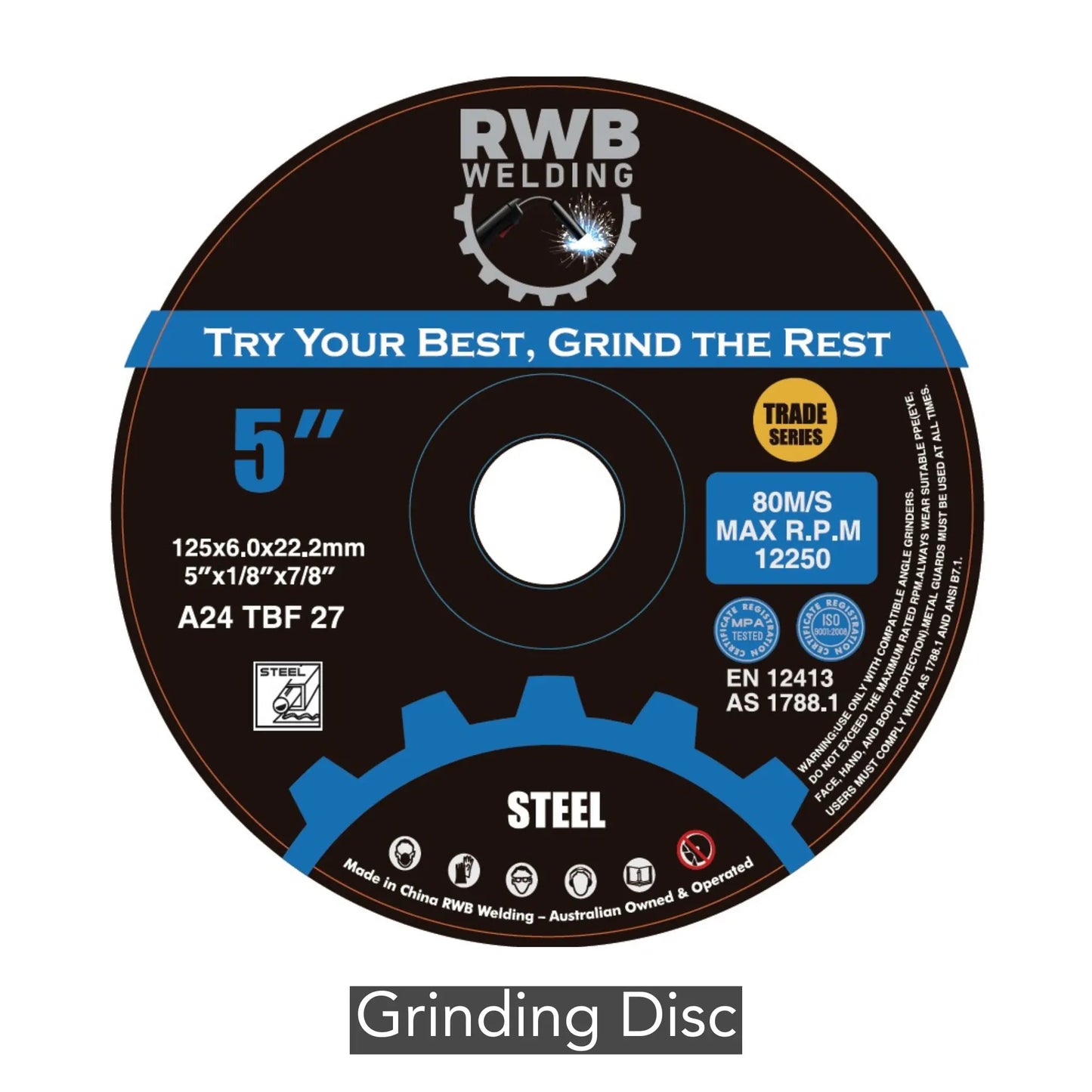 RWB 125mm Trade Series Grinding Disc – 6mm thick for steel, weld cleanup, and bevel grinding. EN12413 and ISO 9001 certified.